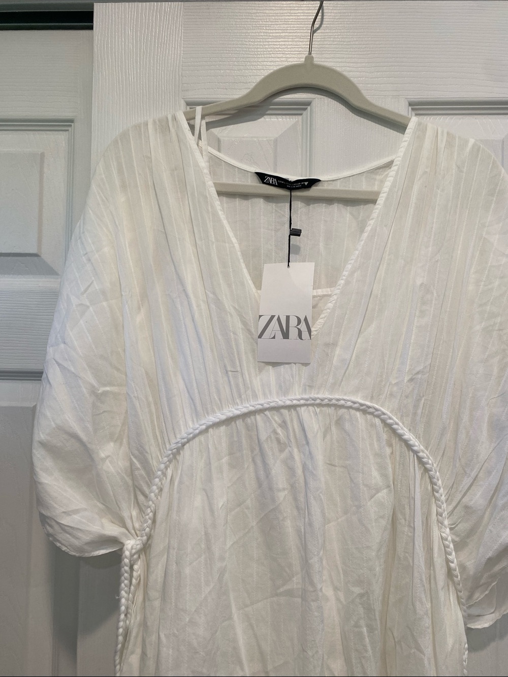 ZARA White V-Neck Pintuck Dress with Braided Waist